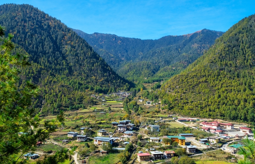 A village surrounded by mountains.