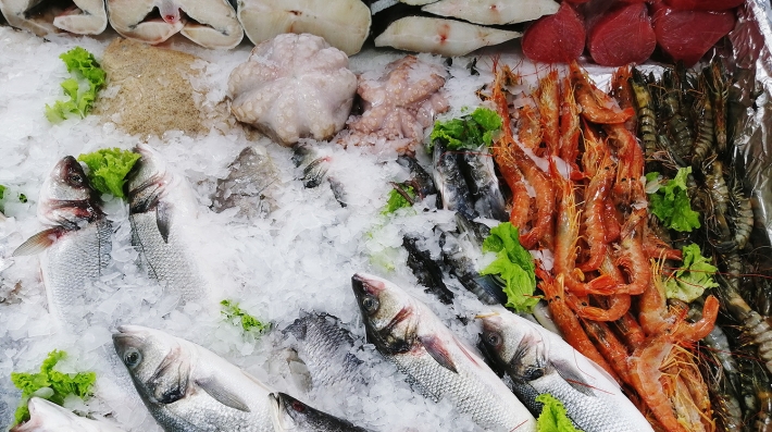 Seafood on ice on the window of a fish store