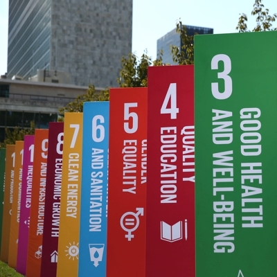 UN Headquarters entrance with SDG signs