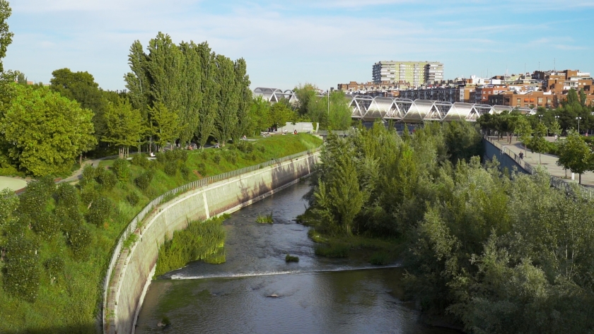 A river meanders through a city